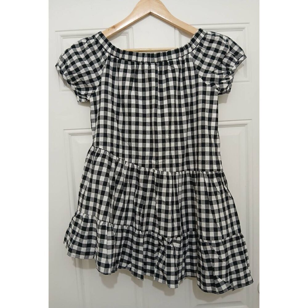 Sabo womens small Shirt gingham plaid Top off shoulder black white Asymetric - Picture 3 of 6
